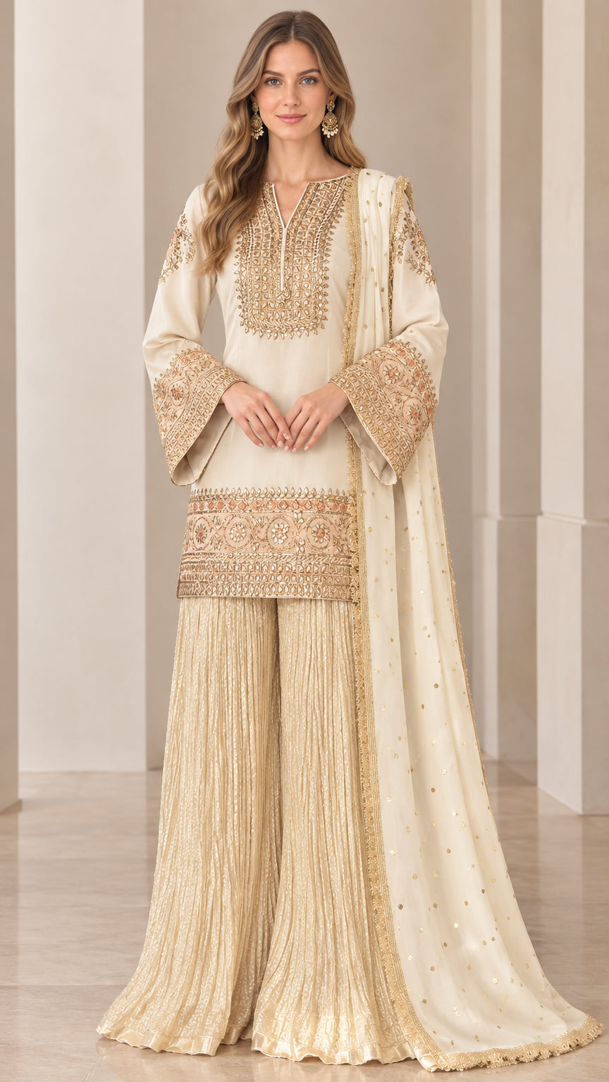Cream embroidered kurti tunic and pleated sharara pants 3-piece suit set front view