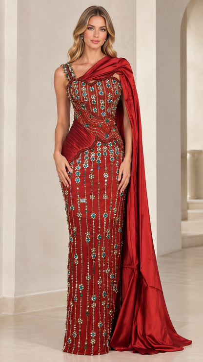 Front view of model wearing burgundy beaded one-shoulder evening gown with satin drape