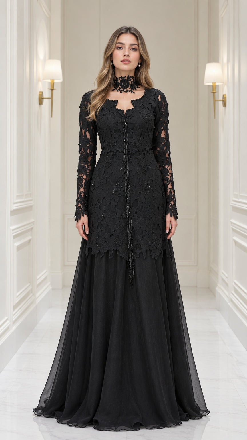 Front view of black long sleeve lace bodice evening gown with choker neckline