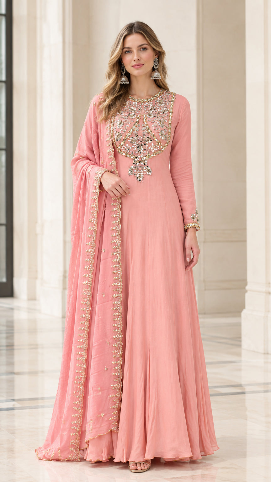 Front full-length view of model wearing Blush Pink embroidered Anarkali gown with matching dupatta