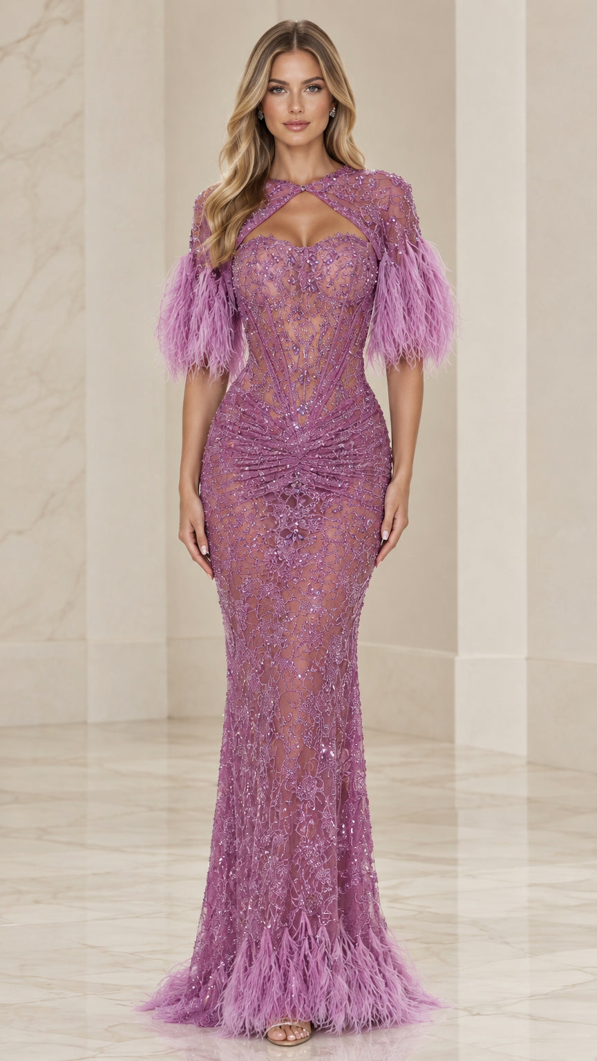 Front view of model wearing a lilac beaded lace mermaid gown with keyhole cutout and feather sleeves