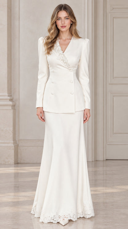 Front view of model wearing ivory formal blazer and lace hem mermaid skirt set