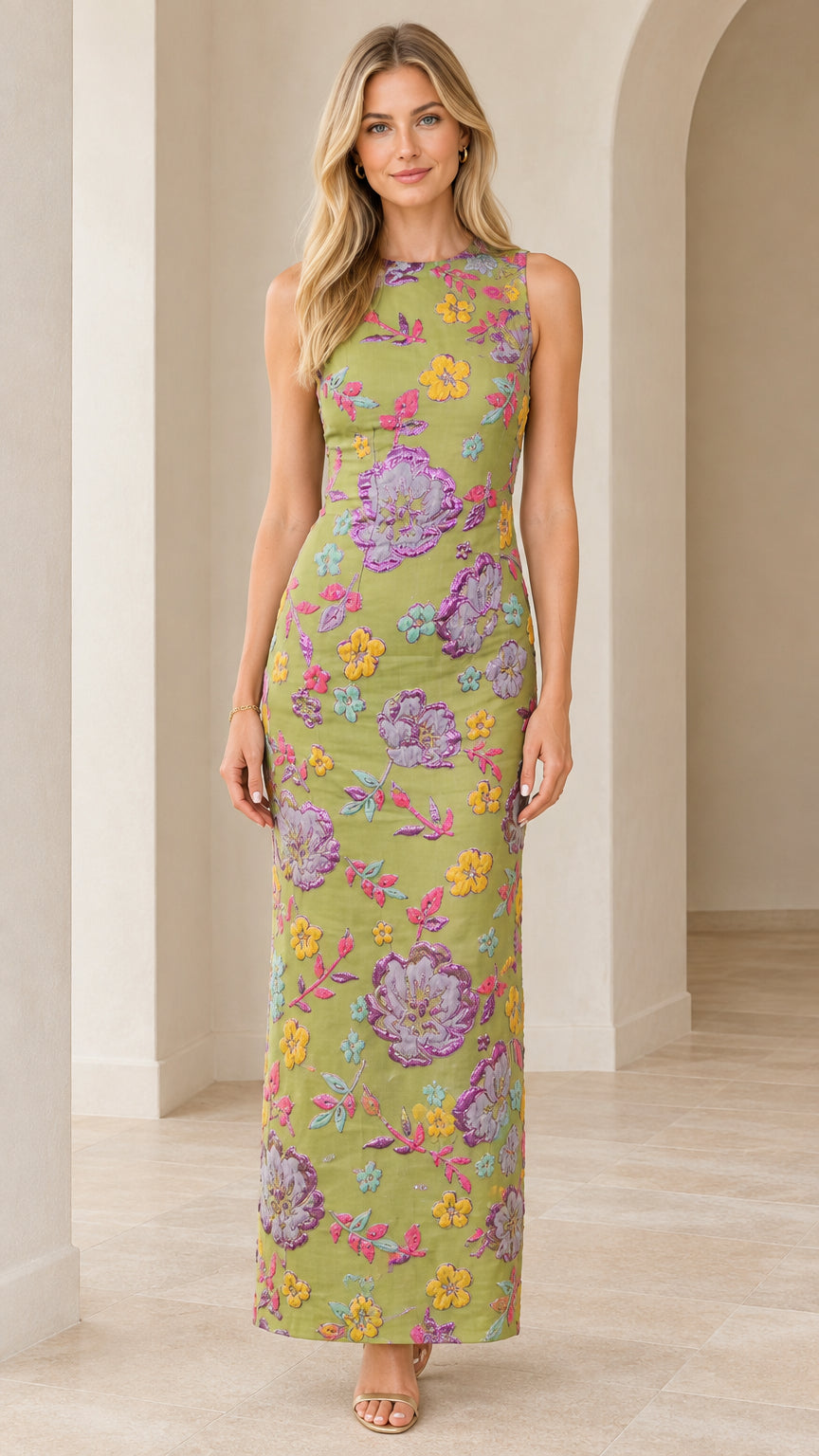 Front view of woman wearing floral embroidered sleeveless maxi dress in sage green