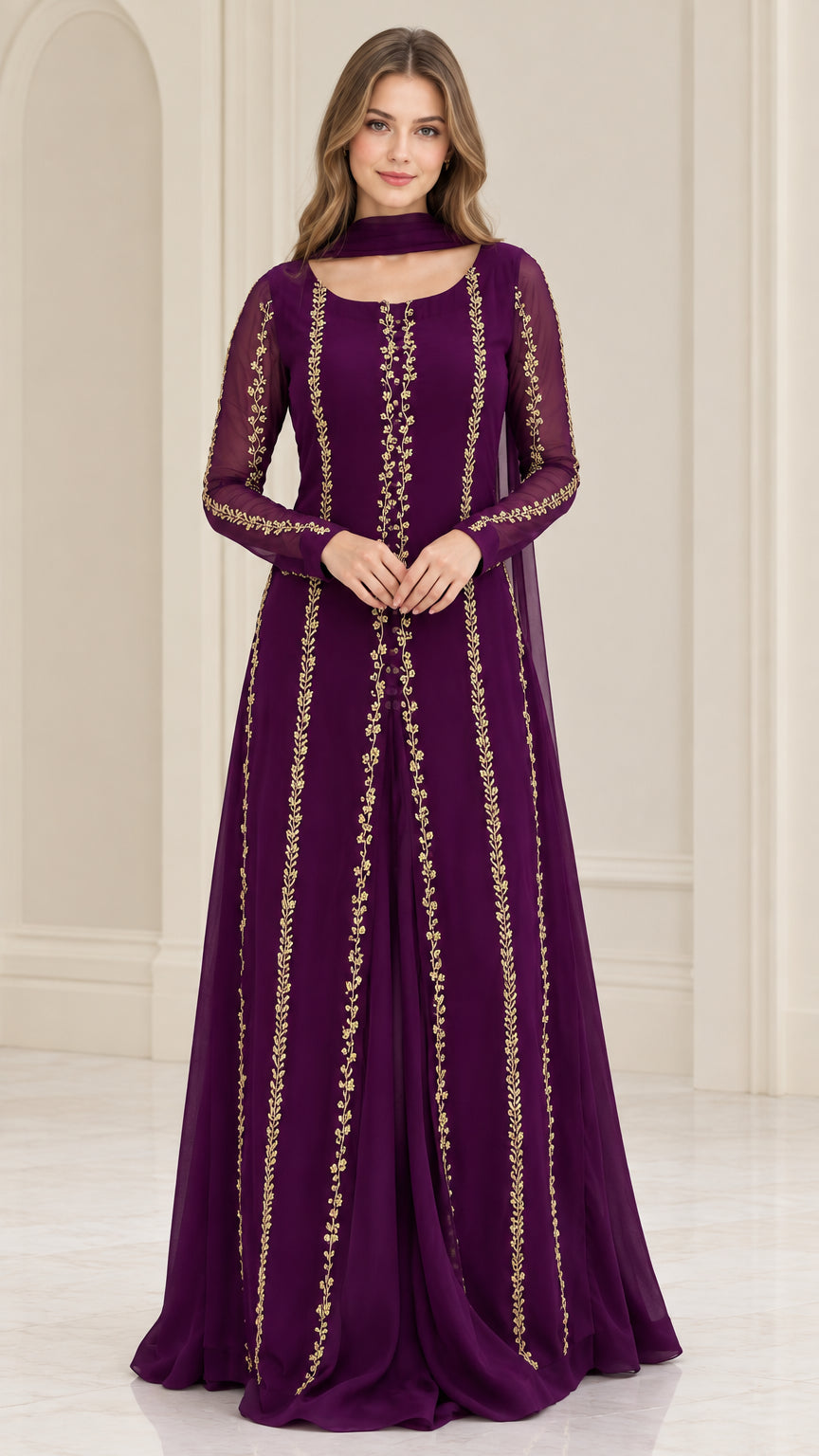 Front full view of woman wearing purple embroidered long sleeve maxi evening dress with matching neck scarf