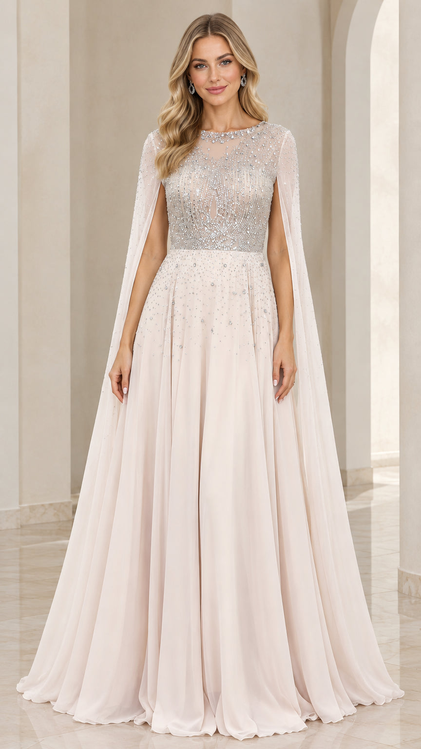 Full front view of Champagne beaded illusion cape evening gown