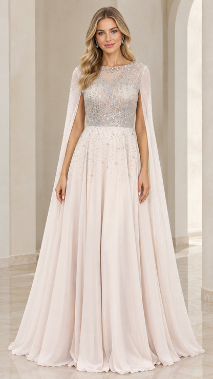 Full front view of Champagne beaded illusion cape evening gown