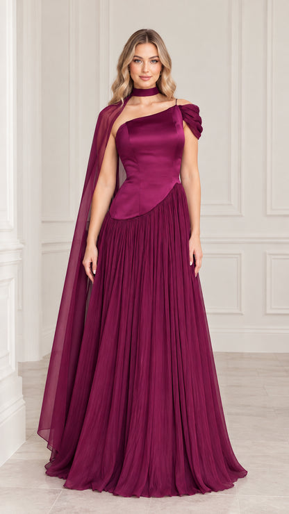 Plum asymmetrical pleated evening gown with matching neck cape front view