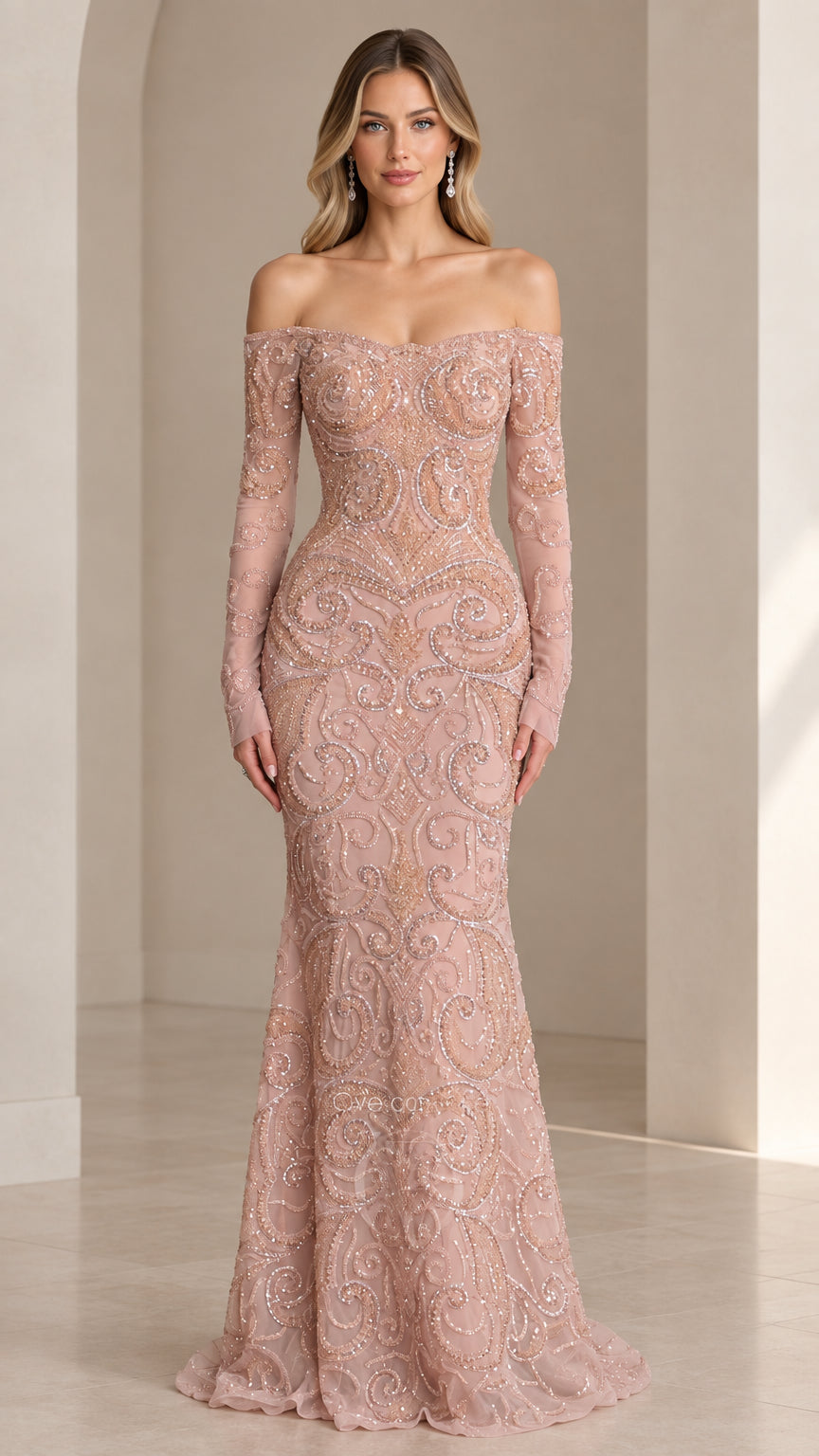 Front view of woman wearing off-the-shoulder beaded dusty rose mermaid evening gown