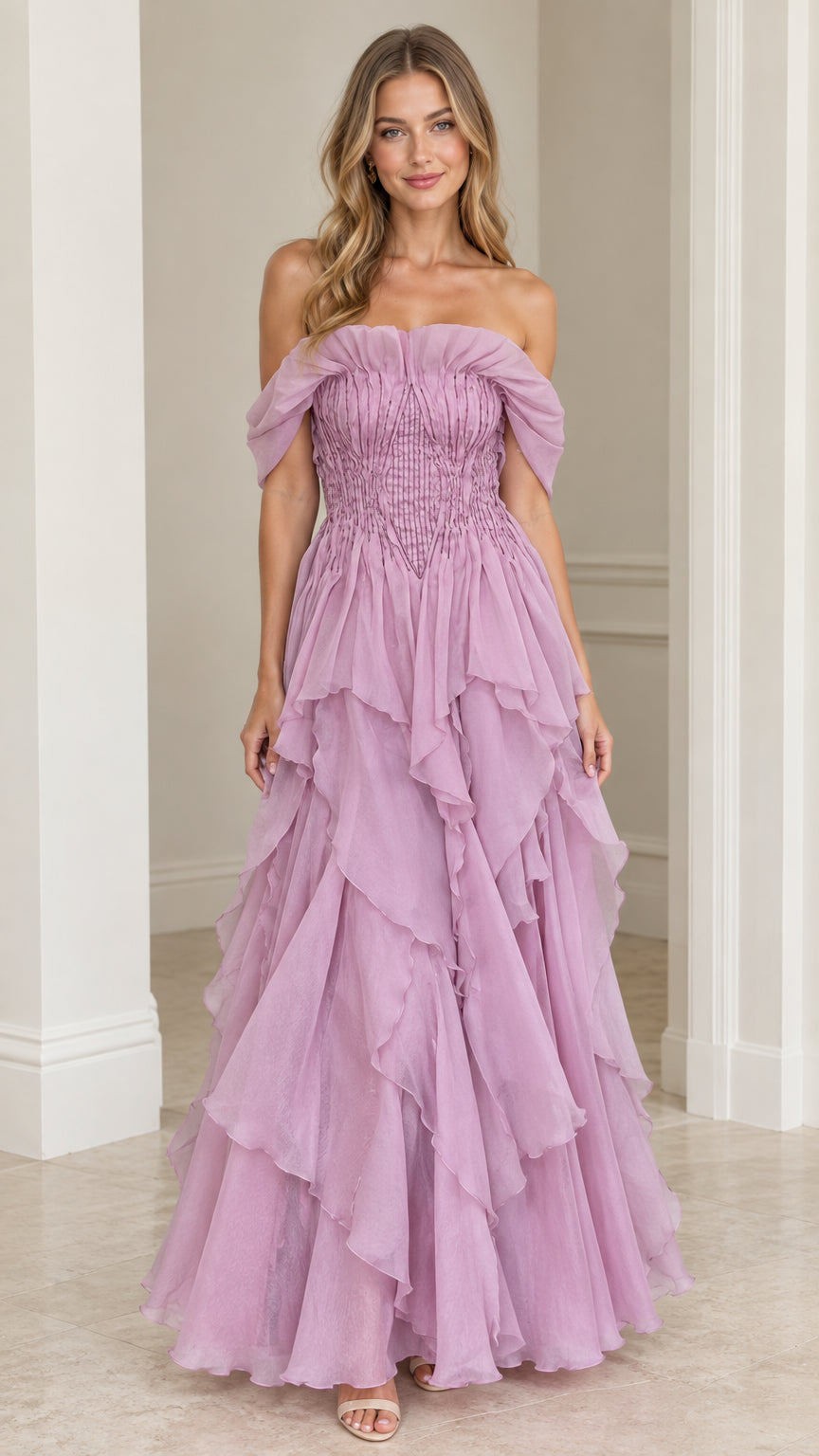Front view of model wearing Lilac off-the-shoulder tiered ruffle maxi dress