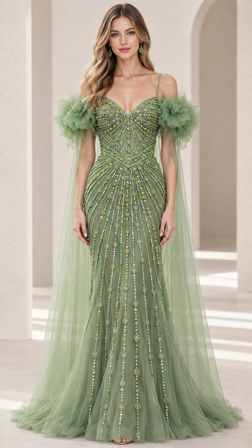 Full front view of sage green beaded sweetheart evening gown with ruffled cape sleeves