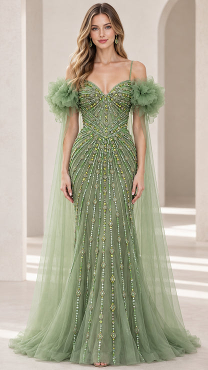 Full front view of sage green beaded sweetheart evening gown with ruffled cape sleeves