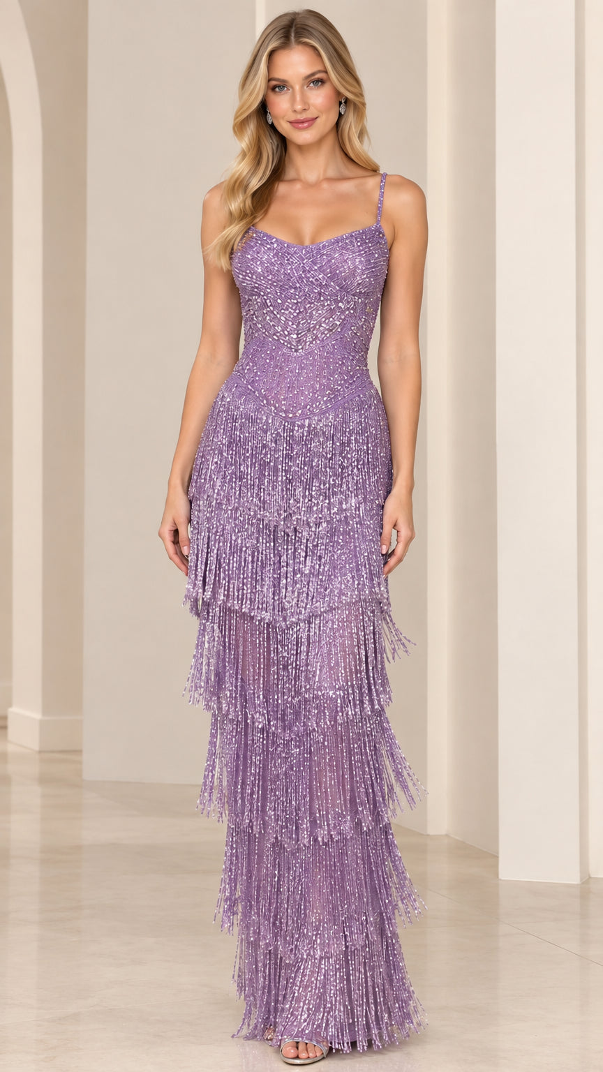 Front view of model wearing Lavender sequin beaded tiered fringe maxi gown