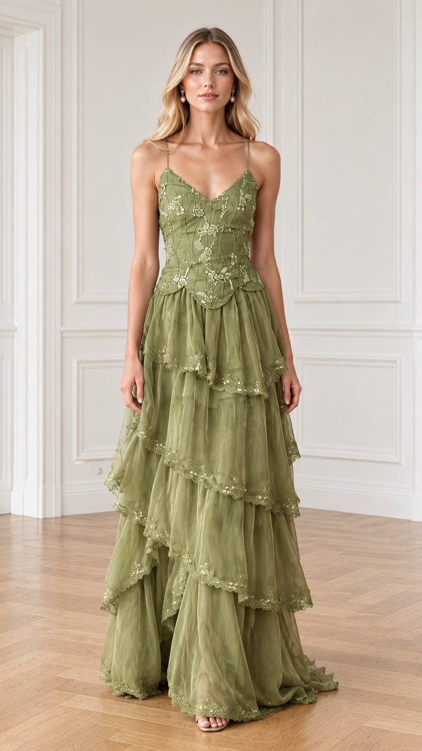 Front view of model wearing olive green floral embroidered tiered tulle maxi dress
