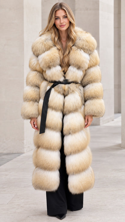 Front full-length view of woman wearing golden beige long tiered faux fur coat with black tie belt