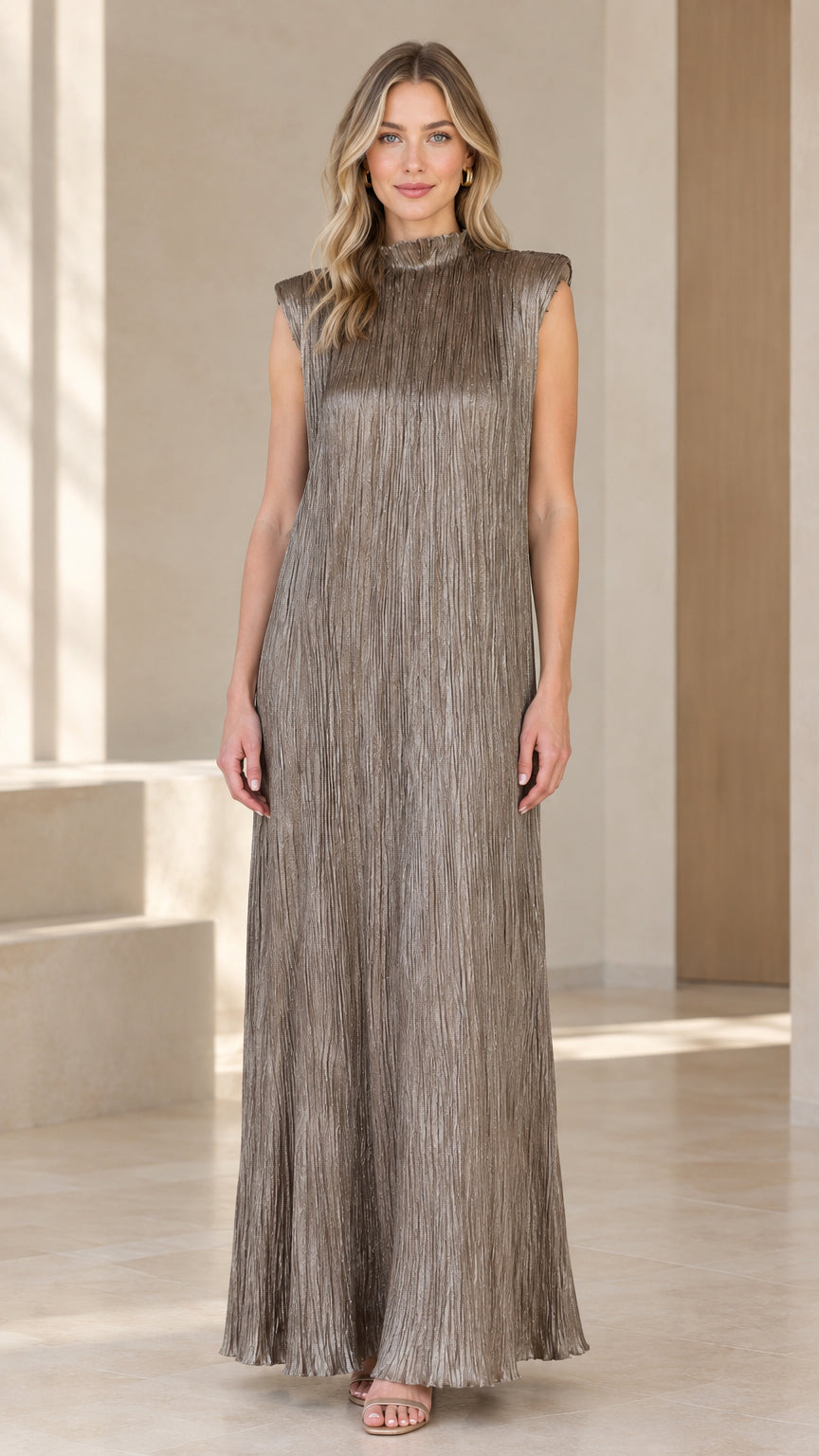 Taupe pleated sleeveless mock neck maxi dress shown from the front