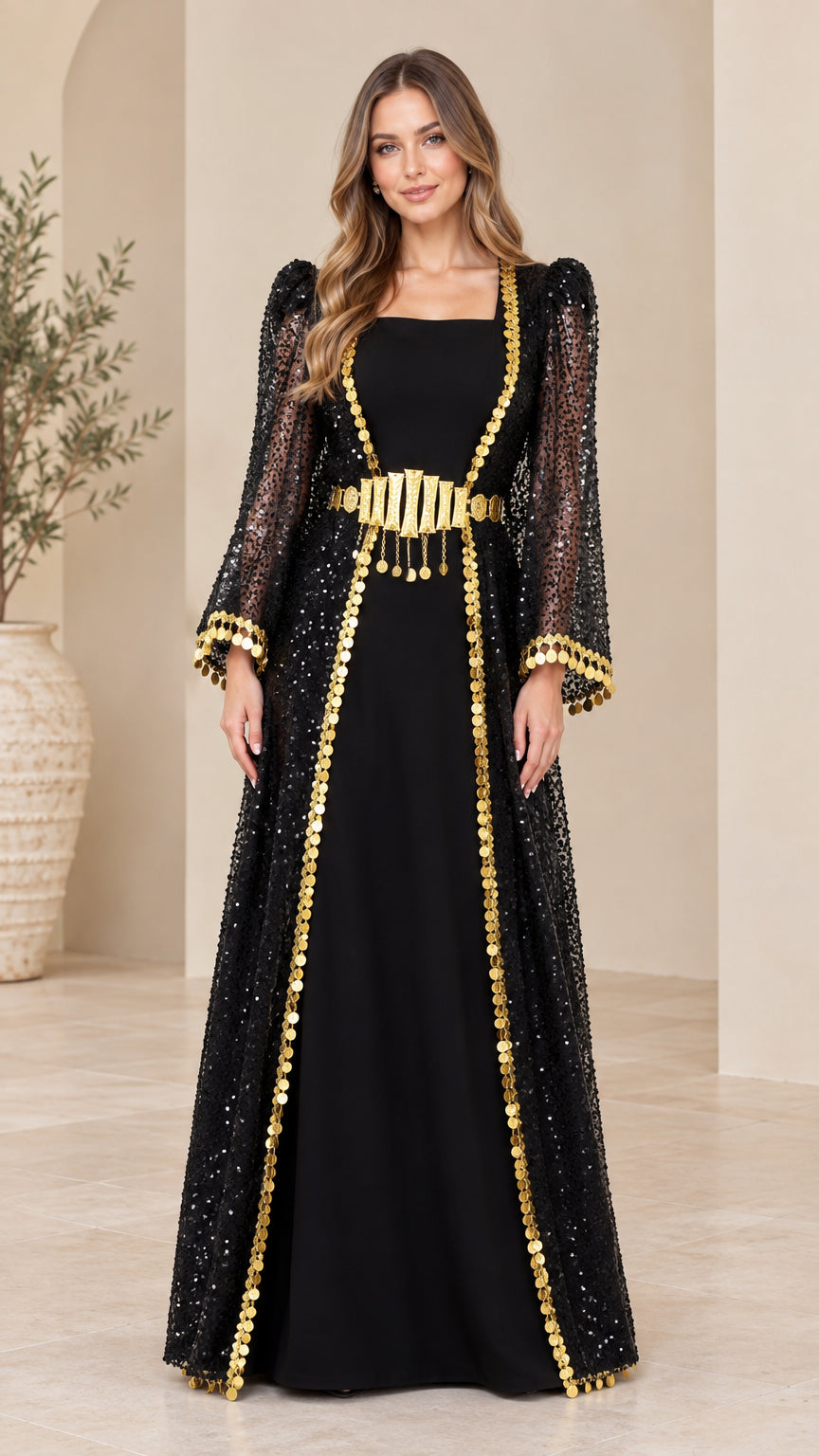 Front full view of black sequin overlay kaftan maxi dress with gold coin trim and belt