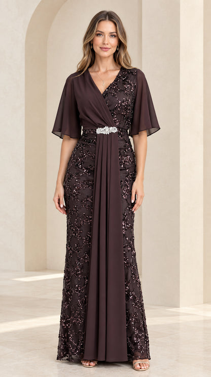 Chocolate brown sequined lace and chiffon evening gown with flutter sleeves and crystal waist brooch front view