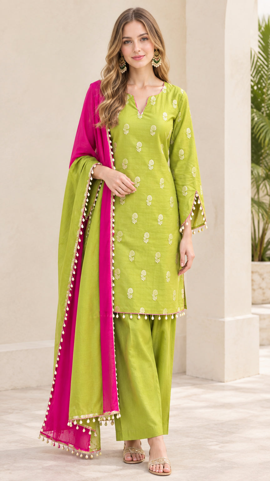 Front view of model wearing lime green embroidered kurta set with magenta dupatta