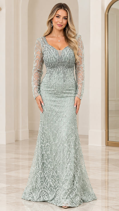 Front view of woman wearing a sage green long sleeve beaded mermaid evening gown