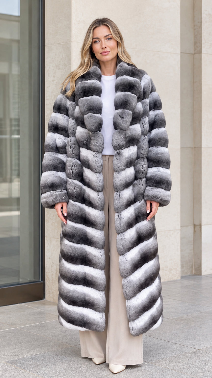 Full front view of model wearing Grey Ombre plush faux fur maxi coat with wide-leg trousers