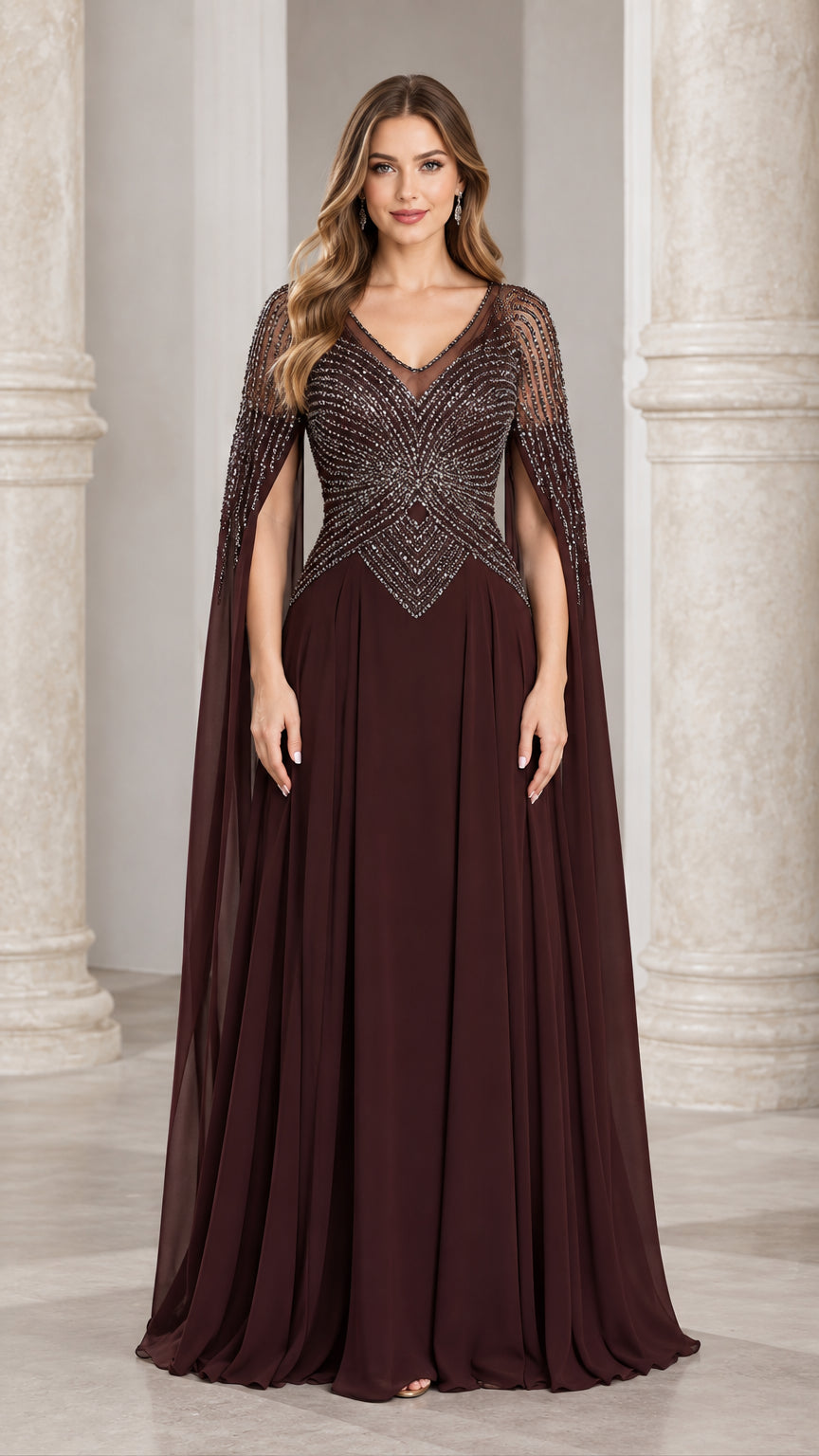 Full front view of chocolate brown beaded cape sleeve evening gown