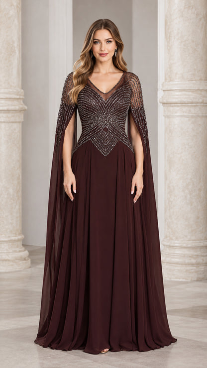 Full front view of chocolate brown beaded cape sleeve evening gown