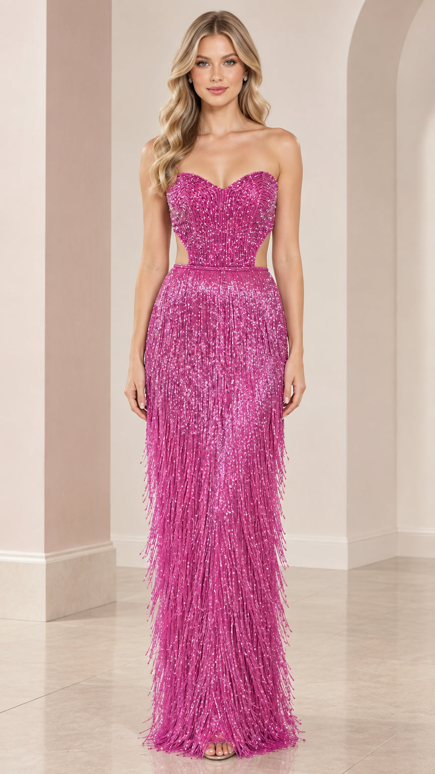 Front view of model wearing fuchsia strapless beaded fringe evening gown with side cut-outs