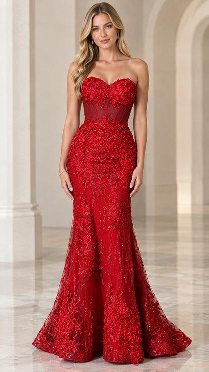 Front full view of woman wearing strapless red 3D floral corset mermaid evening gown