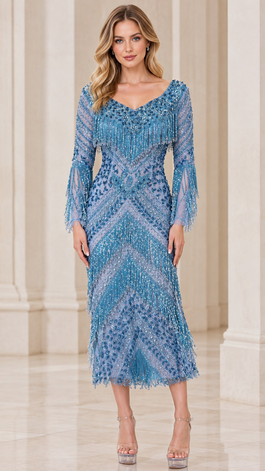 Front view of woman wearing Dusty Blue beaded sequin fringe midi dress with long sleeves