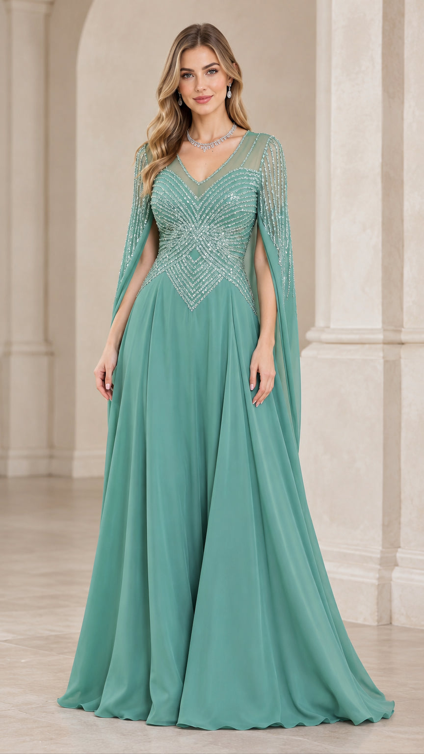 Front view of model wearing sage green sequined cape sleeve evening gown