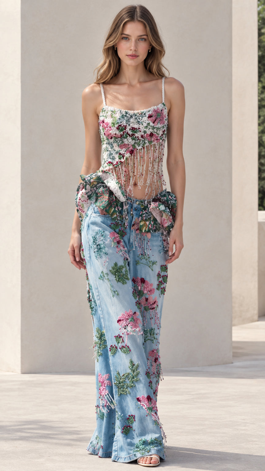 Light blue two-piece set featuring floral beaded cami with fringe and matching wide leg denim pants - front view