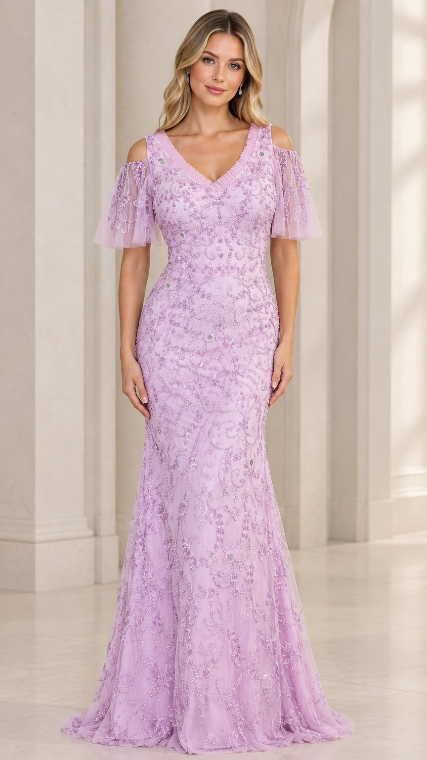 Front view of model wearing lavender embroidered beaded cold-shoulder evening gown