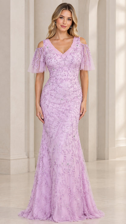 Front view of model wearing lavender embroidered beaded cold-shoulder evening gown