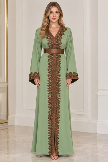 Sage green embroidered caftan maxi dress with brown belt front view