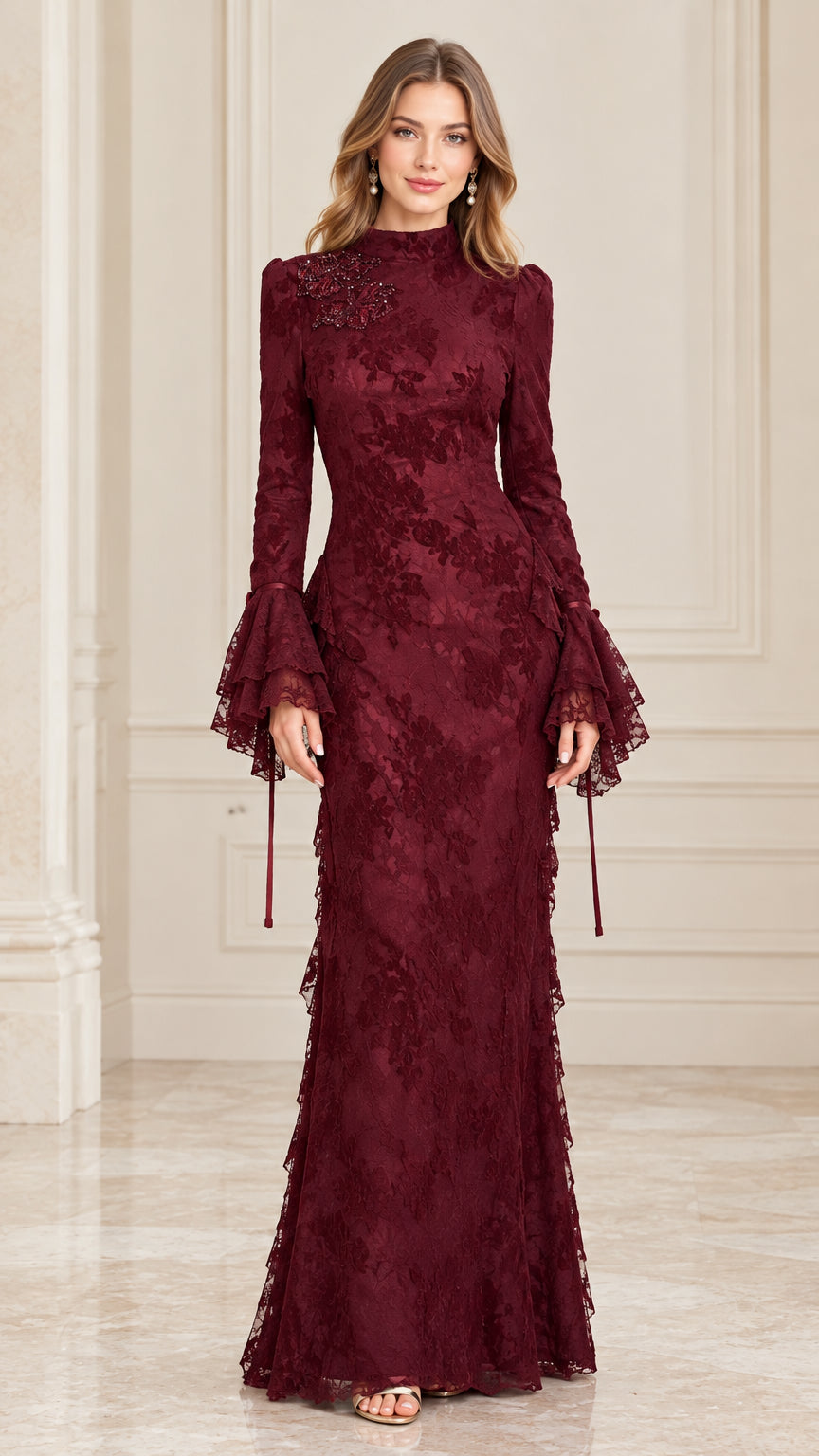 Burgundy high-neck floral lace maxi dress with flared bell sleeves front view