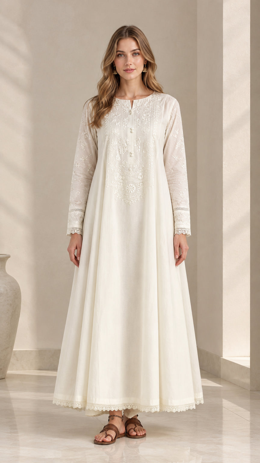 Off-white embroidered long sleeve maxi dress full front view