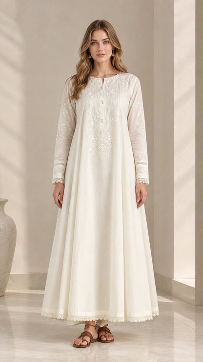 Off-white embroidered long sleeve maxi dress full front view