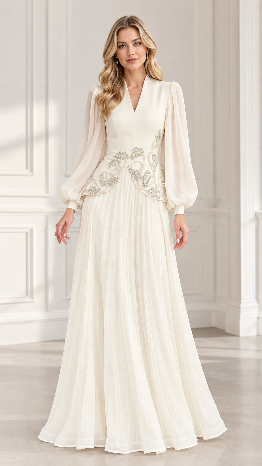 Ivory floor-length evening gown with bishop sleeves and beaded waist embellishment, front view