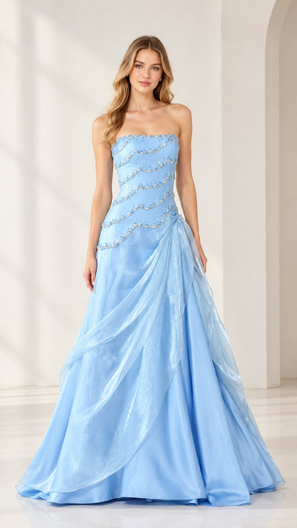 Full front view of strapless beaded sky blue A-line evening gown