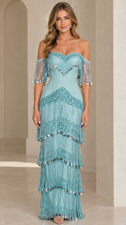 Front view of aqua blue off-the-shoulder tiered fringe sequined maxi evening gown