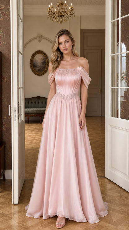 Blush Pink off-the-shoulder beaded corset evening gown front view