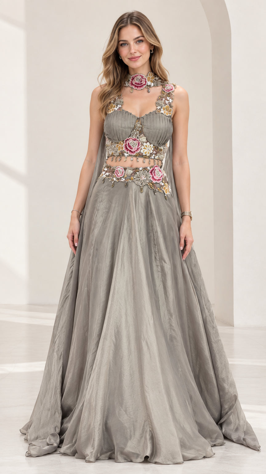 Silver Grey floral embroidered two-piece evening gown bustier and maxi skirt set front view