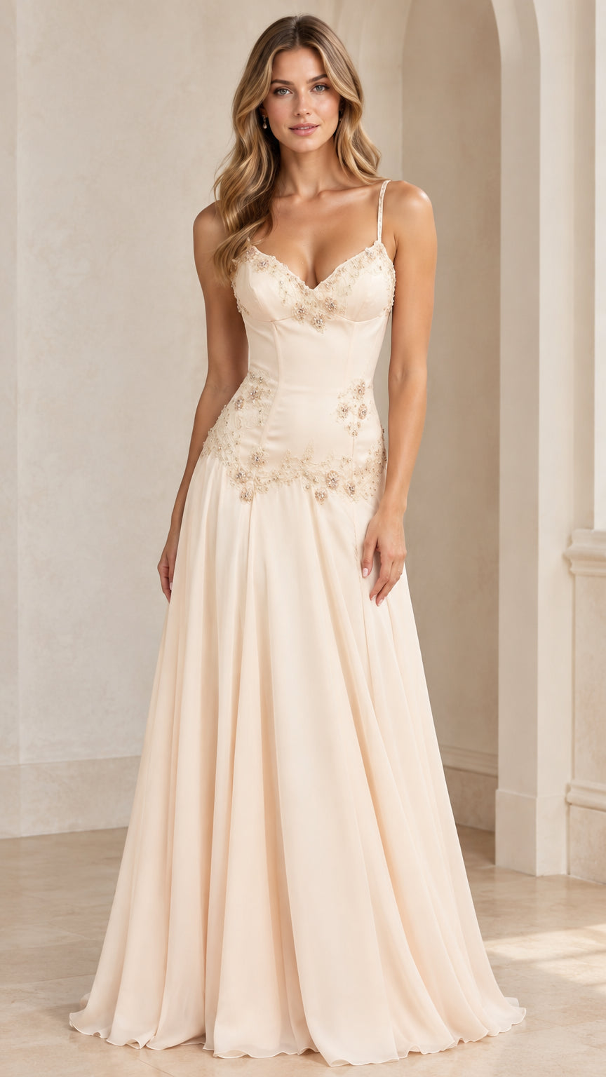 Front view of model wearing a champagne corset bodice formal maxi dress with sweetheart neckline