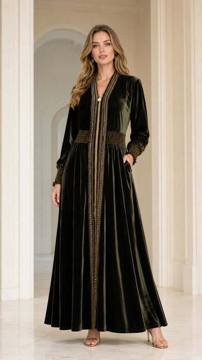 Full front view of model wearing Dark Green velvet embroidered maxi kaftan dress