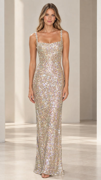 Champagne square neck sequin maxi evening gown front view