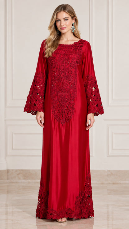 Front view of model wearing full-length red embroidered satin maxi dress with bell sleeves