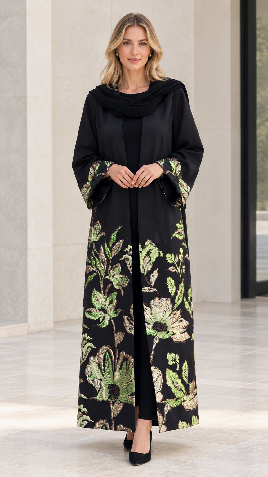 Full front view of model wearing Black floral embroidered open abaya set with scarf