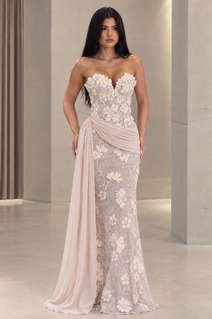 Blush pink strapless floral applique mermaid evening gown with side drape front view
