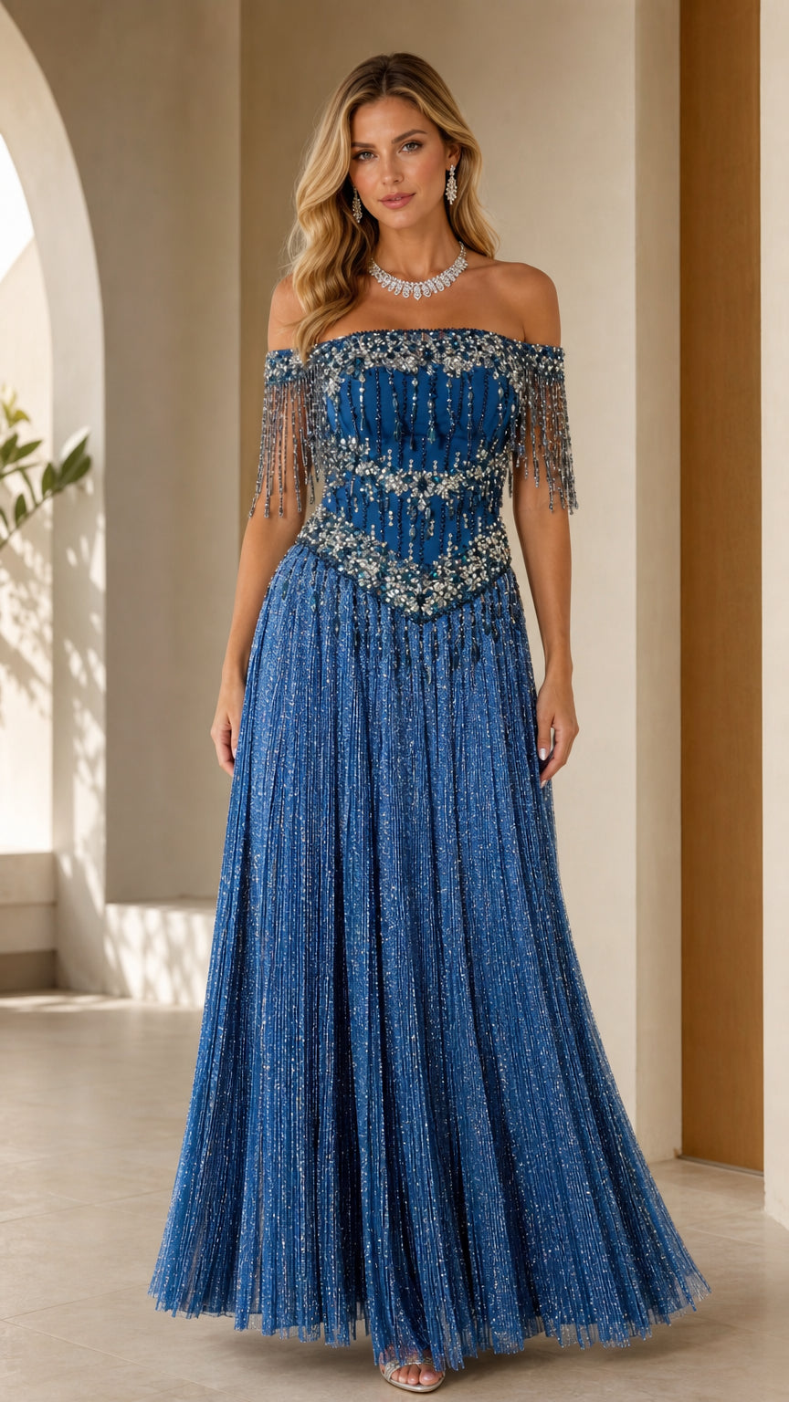 Front view of royal blue off-the-shoulder evening gown with beaded fringe sleeves
