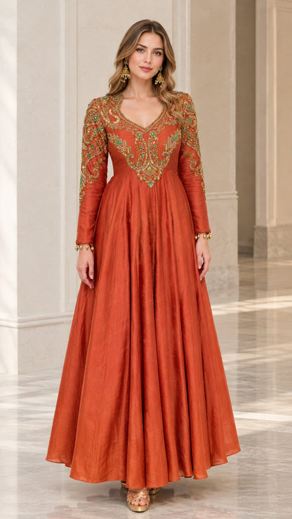 Front view of woman wearing a Rust Orange embroidered long sleeve maxi dress